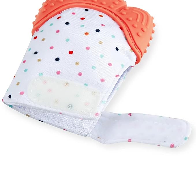 PandaEar Soothing Teething Mitten 2 Pack, Pain Relief, Protection Glove, Stimulating Teether (Orange Pink)