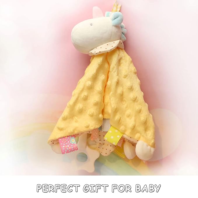 Yellow Unicorn Security Blanket with Tags Lovey Teether Toys Infant Stuffed Animal Taggy Blanket Soft Plush Minky Dot Baby Snuggle Blanket with Rattle Crinkle, Shower Gift for Newborn Infant