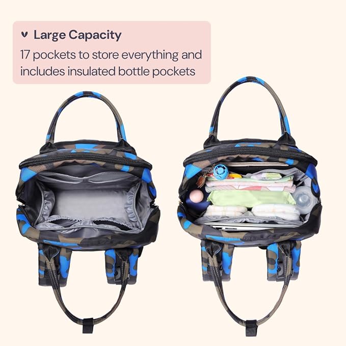 BabbleRoo Diaper Bag Backpack - Baby Essentials Travel Tote - Multi Function Water Resistant Diaper Bag, Travel Essentials Baby Bag with Changing Pad, Stroller Straps & Pacifier Case - Blue Camo
