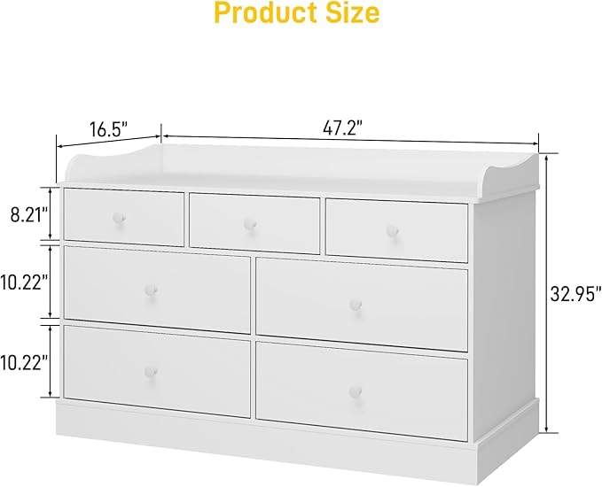 Vabches Kids Dresser Cabinet with 7 Drawers, Changing Table for Nursery, White Chest of Drawers, Baby Dresser, Kids Bedroom Furniture, Nightstand for Child’s Room, White