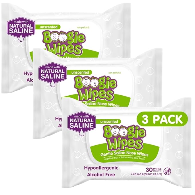 Saline Nose Wipes by Boogie, for Baby & Kids, Face, Hand & Body, Made with Vitamin E, Aloe, and Natural Saline, Unscented, 30 Count (Pack of 3)