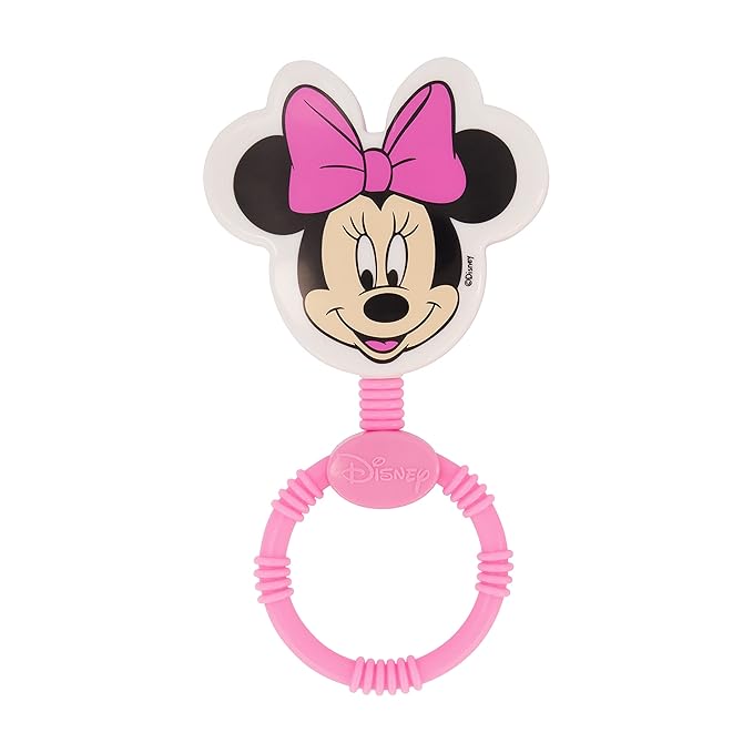 2 Pack Disney Minnie Mouse Character Shape Rattle and Keyring Teether, Premium Toddler Birthday Toys, Infant Teething Toys, Great for Newborn Shower Gifts
