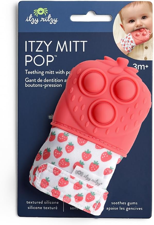 Itzy Ritzy Silicone Teething Mitt - Soothing Infant Teething Mitten with Adjustable Strap, Crinkle Sound & Textured Silicone to Soothe Sore & Swollen Gums - for Ages 3 Months & Up (Strawberry)