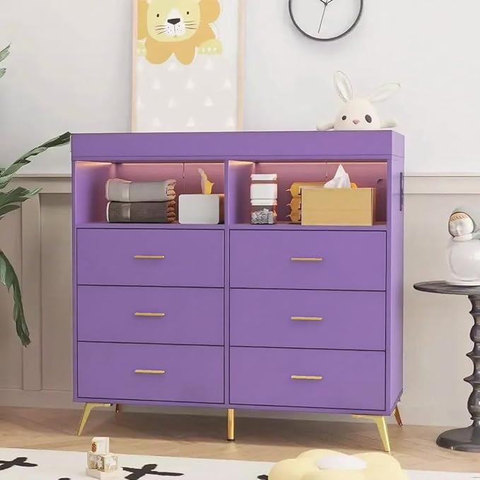 Baby Changing Table Dresser with 6 Drawers, Baby Nursery Dresser, LED Lights & Charging Station – Multifunctional Nursery Dresser with Removable Changing Top, Anti-Tip Design, Purple