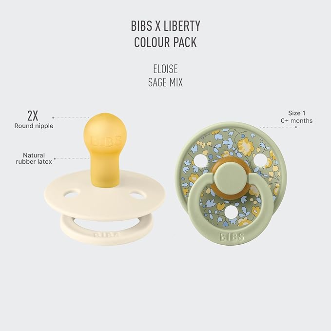BiBS Liberty Pacifier 2-Pack, BPA Free Pacfiers with Natural Latex Round Nipple, Made in Scandinavia, Size 1 (0-6 Months), Eloise Sage