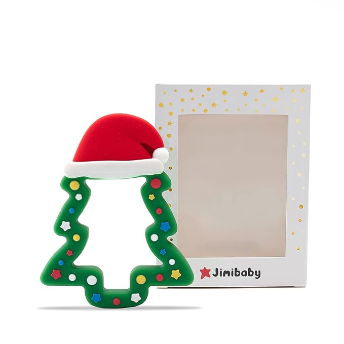 Jimibaby Silicone Teether - Christmas Teething Toy for Baby Boys & Girls, Perfect Stocking Stuffer, Comes with Gift Package (Christmas Hat) (Green)