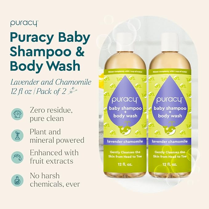 Puracy Baby Shampoo & Body Wash for Children - Pure Ingredients with 12 Fruit & Vegetable Extracts for Silky Smooth Skin, Gentle Lavender Chamomile Aroma, Shampoo, Baby Body Wash 12 Oz (2-Pk)