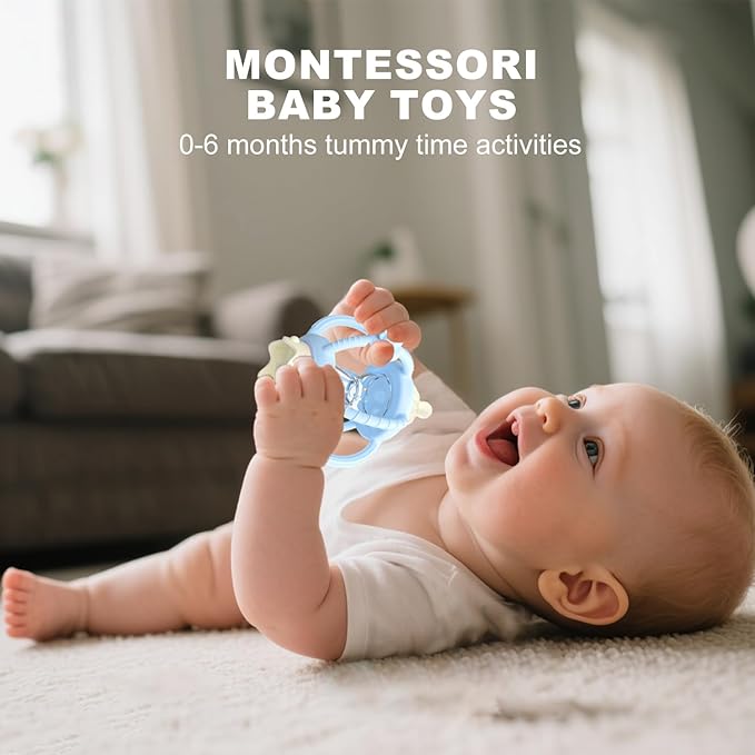 Teething Rattles for Babies 0-6 Months 6-12 Months, Silicone Rattle Teether with Pacifier, Baby Montessori Toys 6-18 Months, Infant & Toddler Molar Teething Relief, Boys Girls Essential Gifts (Blue)
