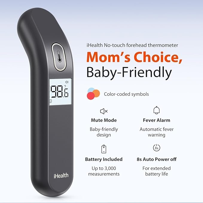 iHealth Touchless Thermometer for Adults and Kids, Color-Coded Alert & Silent Mode, 1-Second Accurate Fever Check, Portable for Home, Travel Use - PT2L Black
