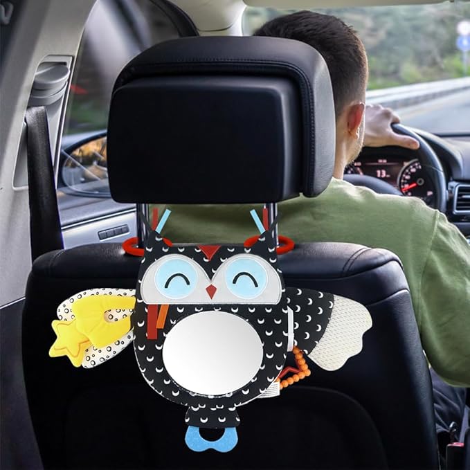 Caterbee Baby Black and White Toy with in-Sight Car Mirror for Hanging car seat, Stroller, Crib, High Contrast Baby Toys for Neborn Tummy time (White&Black)
