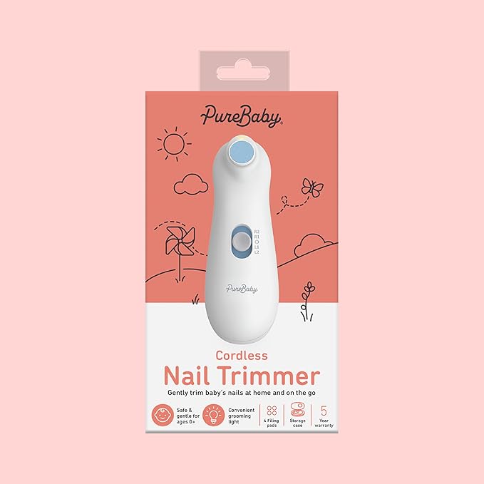 PureBaby Electric Nail Trimmer - New & Improved 6-Piece Cordless Nail Drill, 4 Attachments, 2 Speeds with Bidirectional Rotation, LED Light, Hidden File Storage, & Carrying Case for Newborns & Baby