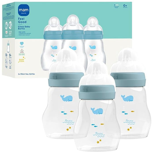 MAM Premium Glass Baby Bottles, Easy Switch Between Breast and Bottle, Feel Good Slow Flow, Newborn Essentials Must Have, 0+ Months, BPA Free, 6oz, Boy, 3 Pack