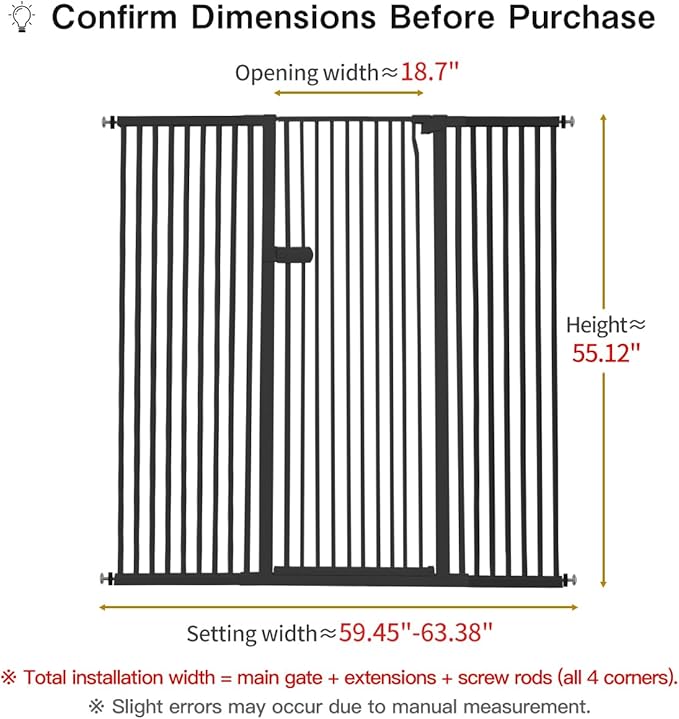 Lumizone Extra Tall Cat Gate 55.12" High Pressure Mounted Extra Wide 2025 New (17 Sizes) 1.37" Gap No Drilling Auto-Close One-Handed Operation Tall Pet Gate for Dogs(Black, 55.12" H x 59.45"-63.38" W)