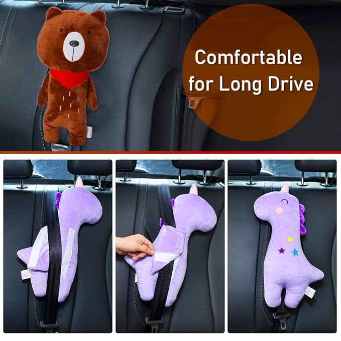 Seat Belt Cover Pillow for Kids, Car Seatbelt Cushion Shoulder Neck Support Protector Pad, Soft Stuffed Plush Travel Vehicle Safety Belts Strap Pillow for Boys and Girls Headrest (Bear)