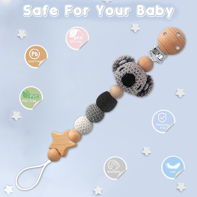 Pacifier Clip, 1 Pack Pacifier Holder Clip for Boys and Girls, Cute Koala Handmade Knitted Pacifier Holder Fits for Most Pacifier, Baby Teethers, Baby Shower and Baby Gift(Koala)