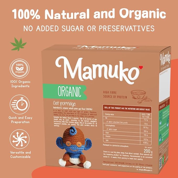 MAMUKO Baby Porridge - Healthy porridge with Oat Flavored & High Fiber - GMO-Free Oatmeal for Infants 3-6 Months - Organic Oatmeal for Healthy Growth & Development - 200g & 10 Servings