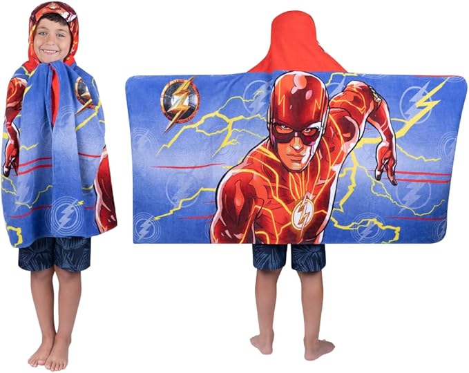 WB The Flash Movie DC Comics Kids Bath/Pool/Beach Soft Cotton Terry Hooded Towel Wrap, 24 in x 50 in, By Franco