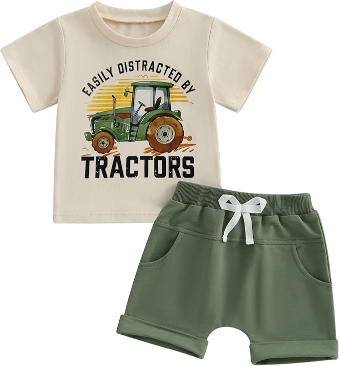 Toddler Baby Boy Clothes Summer Short Sleeve Trucks Tractors Print T-Shirt Tops Solid Color Shorts Set Casual Outfit