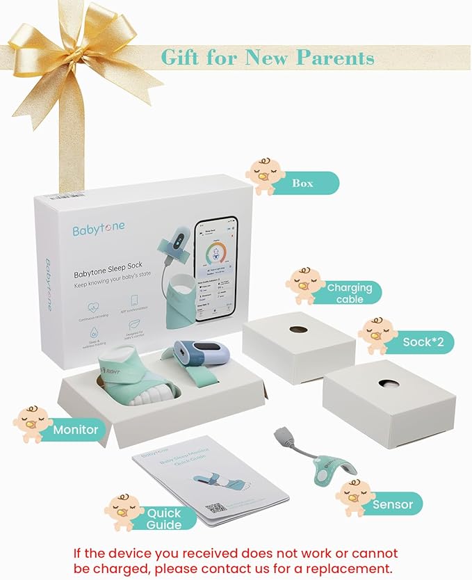 Babytone Baby Sock Monitor, Tracks Real-Time Heart Rate and Movement, with Notification and Sleep Patterns, Smart Baby Monitor No WiFi with Bluetooth and Free APP, for 0-36 Months Newborn