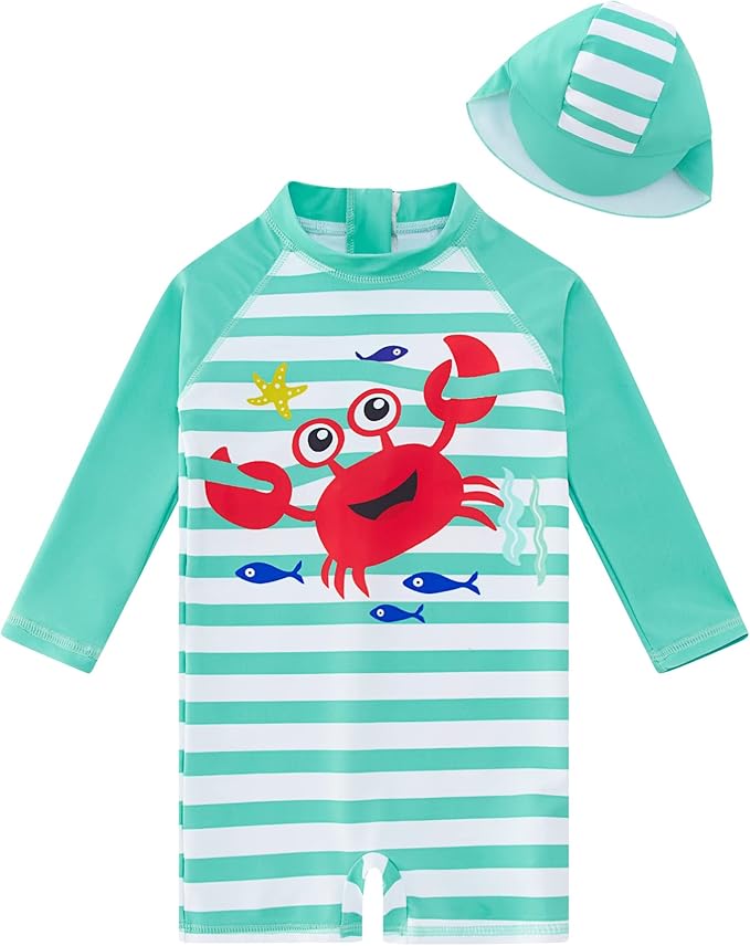 ADUKIDE Baby Boys Swimsuit Summer Beach Rash Guard Swimwear One Piece Sunsuit with Sun Hat 3-24 Months