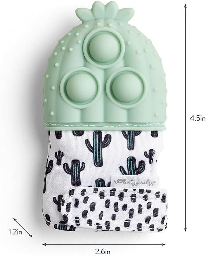 Itzy Ritzy Silicone Teething Mitt - Soothing Infant Teething Mitten with Adjustable Strap, Crinkle Sound & Textured Silicone to Soothe Sore & Swollen Gums - for Ages 3 Months & Up (Cactus)
