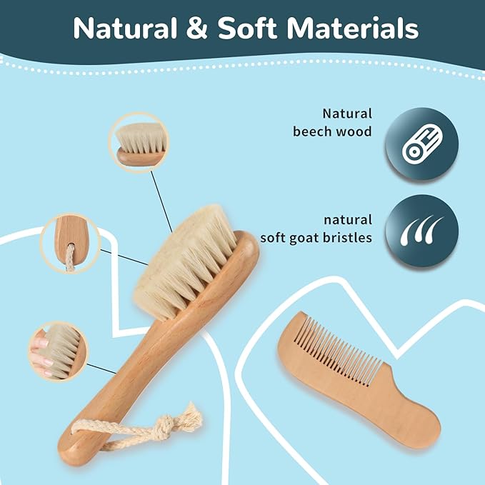 Baby Hair Brush and Comb Set, Wooden Baby Hair brush with Soft Goat Bristle and Wood Comb for Newborn Essentials, Good for Cradle Cap