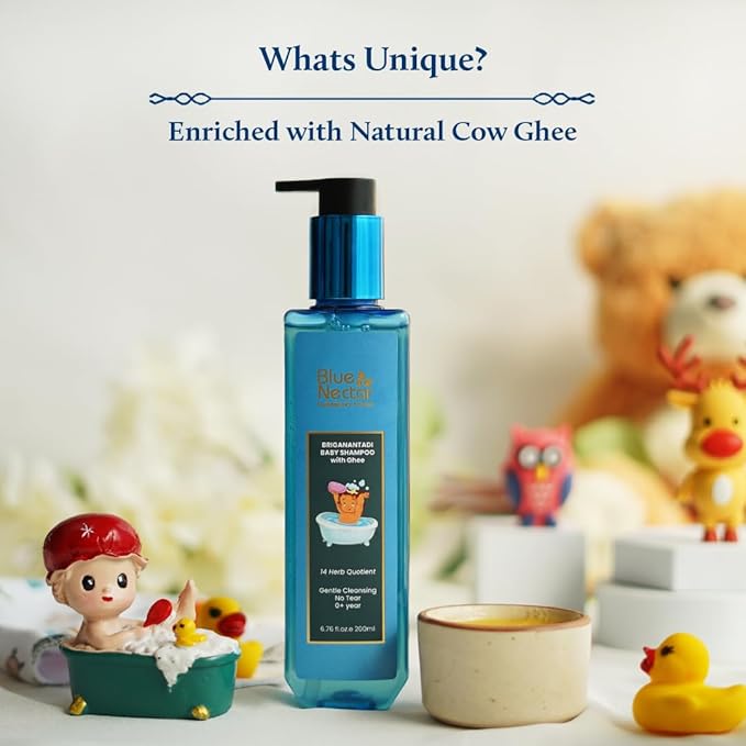 Blue Nectar Baby Shampoo for Kids with Natural Ghee | No Tear Formula | Natural Baby Care Product for New Born | For 0+ Years | Mild Shampoo for Dry & Sensitive Skin (6.76 Fl Oz, 14 Herbs)