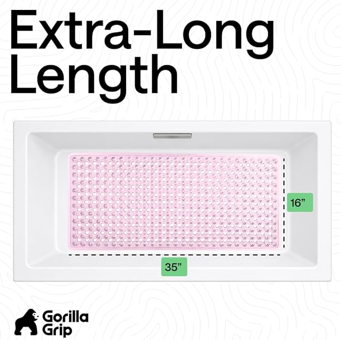 GORILLA GRIP Patented Bath Tub Shower Mat, Machine Washable Bathtub Floor Liner Mats, Suction Cups and Drain Holes to Keep Tubs Clean, Soft on Feet, Bathroom Essentials, 35x16 Inch, Clear Light Pink
