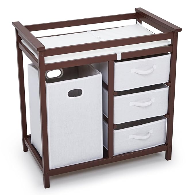 Wooden Baby Changing Table, Modern Diaper Changing Table, Infant Diaper Changing Station Dresser with Laundry Hamper, 3 Drawer Basket and Changing Pad