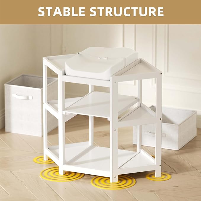 KORIMEFA Changing Table with Drawers, Corner Baby Diaper Changing Station with Laundry Hamper, Storage Bin, and Contoured Pad for Baby - White