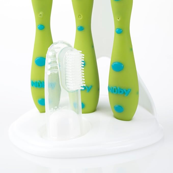 Nuby 4-Stage Oral Care Set with 1 Silicone Finger Massager, 2 Massaging Brushes, 1 Nylon Bristle Toddler Tooth Brush, Green/Aqua
