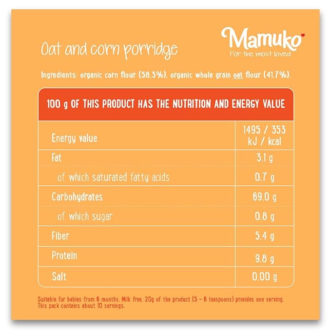 MAMUKO Organic Oat & Corn Grits Porridge - High Fiber Porridge with No Added Sugar, Milk & Preservatives - Vegan Porridge Ideal for Toddlers - 2 Pack (200g - 10 Servings)
