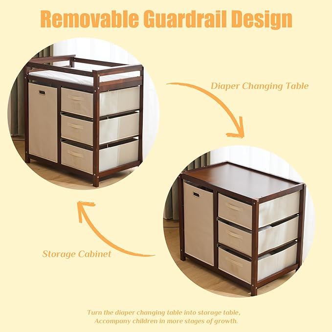 Karl home Modern Baby Changing Table,Dresser Baby Diaper Changing Station with Laundry Hamper,Infant Nursing Table with 3 Storage Drawers,Removable Safety Rail & Strap for Bedroom,Nursery,Brown