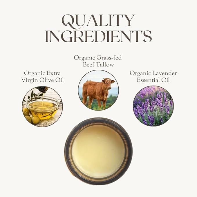 Grass-fed Beef Tallow Balm | Organic Skin Care | Handmade Natural Lotion | 2 fl oz (Lavender)