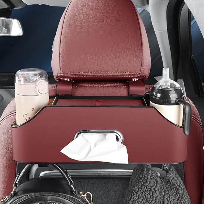 New car headrest Rear seat Multifunctional Storage Box, partition Design, with Cup Holder, Tissue Box, headrest Hook, Suitable for Children and Adults, car Travel Accessories（Red）