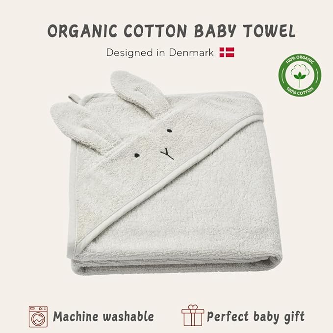 Baby Hooded Towel – Organic Cotton Baby Bath Towels – Baby Towels, Baby Bath Towels for Baby Boy, Baby Girl, 32" x 32" Super-Soft and Absorbent Baby Towels for Newborn (Rabbit - Pearl Grey)