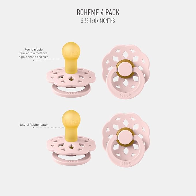 BIBS Boheme Pacifier 4-Pack. BPA Free Dummy Pacifier, Round Nipple. Natural Rubber Latex, Made in Denmark, Size 1 (0-6 Months), Blossom