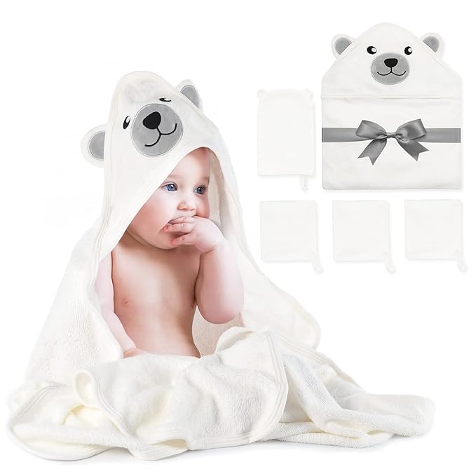 Momcozy Baby Bath Towel Set, Baby Towel with Hood and Baby Washcloth|Baby Bath Glove, Extremely Soft, Breathable, Suitable for Girls and Boys