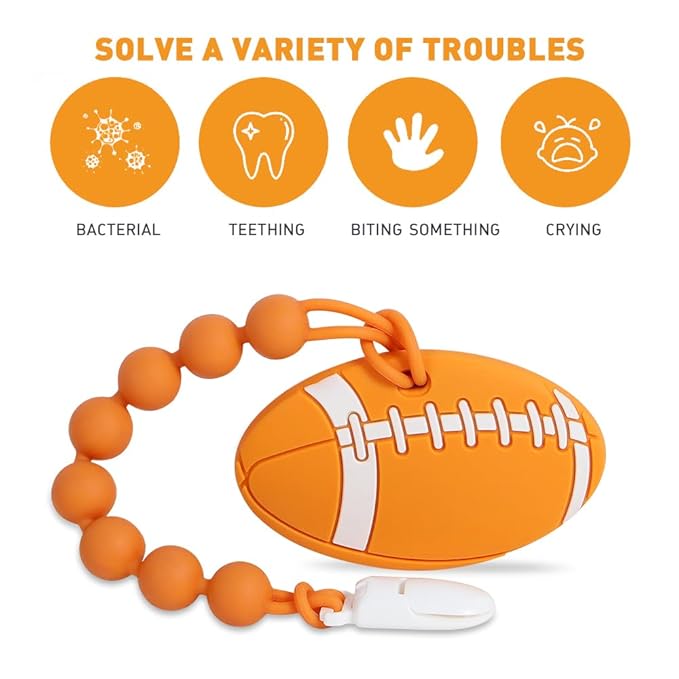 Baby Sports Ball Teething Toys,Food Grade Silicone Teether with One-piece Pacifier Clip Holder,Shower Gift,Teething Pain Relief for 3 Months+ Boy and Girl,BPA Free,Freezer Safe. (American Football)