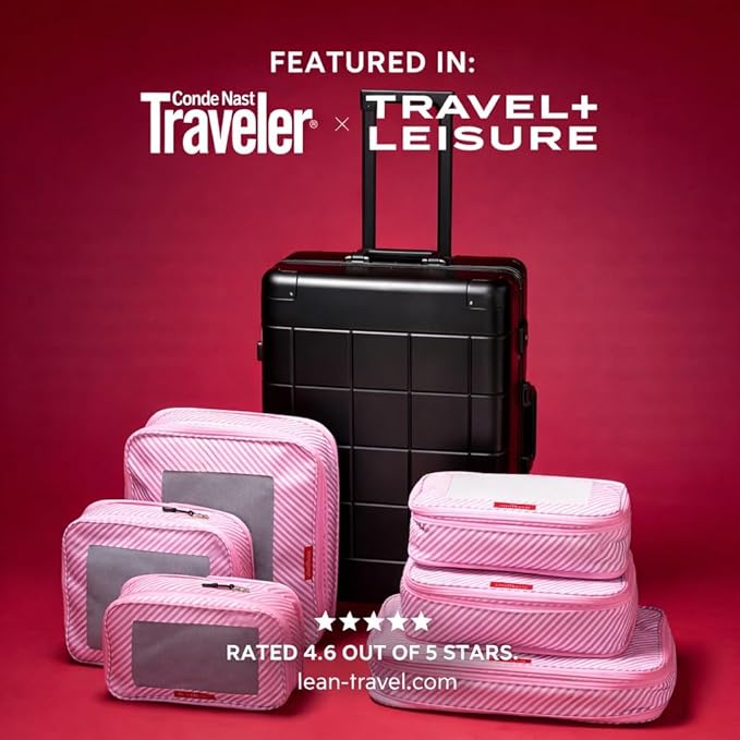 LeanTravel Premium Compression Packing Cubes for Travel - Luggage Organizers with Double Zipper - Sturdy Bags for Suitcase (6-Pack, Pink Stripes)