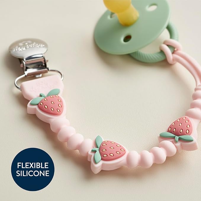 Itzy Ritzy Silicone Pacifier Clip; 100% Food Grade Silicone Pacifier Strap with Clip Keeps Pacifiers, Teethers & Small Toys in Place; Features One-Piece Design & Cord (Strawberry)