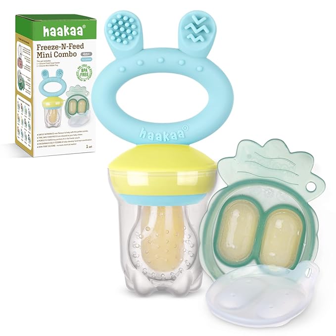 Haakaa Baby Fruit Food Feeder & Mini Freezer Nibble Tray Combo, Breastmilk Popsicle Molds for Baby Cooling Relief, BPA Free Silicone Feeder for Safe Infant Self Feeding, 4 Month+ (Blue)