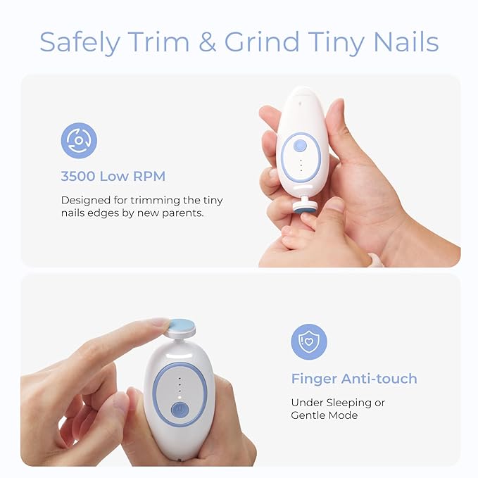Momcozy Baby Nail File Electric, Gentle Baby Nail Trimmer Electric, Baby Nail Clipper with Night Light, 7 Grinding Head Replacement Pads, Blue