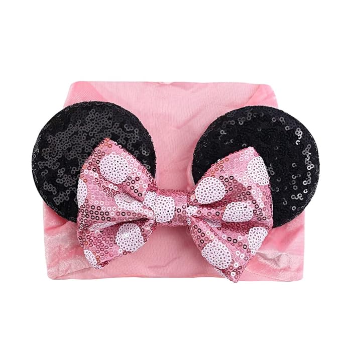 JIAHANG Baby Girl Mouse Ears Headwrap with Sequin Polka Dot Bow, Wide Velvet Turban Hairband, Hair Bow Headband for Toddler, Kids, Party Supplies (pink bow white dot HW)