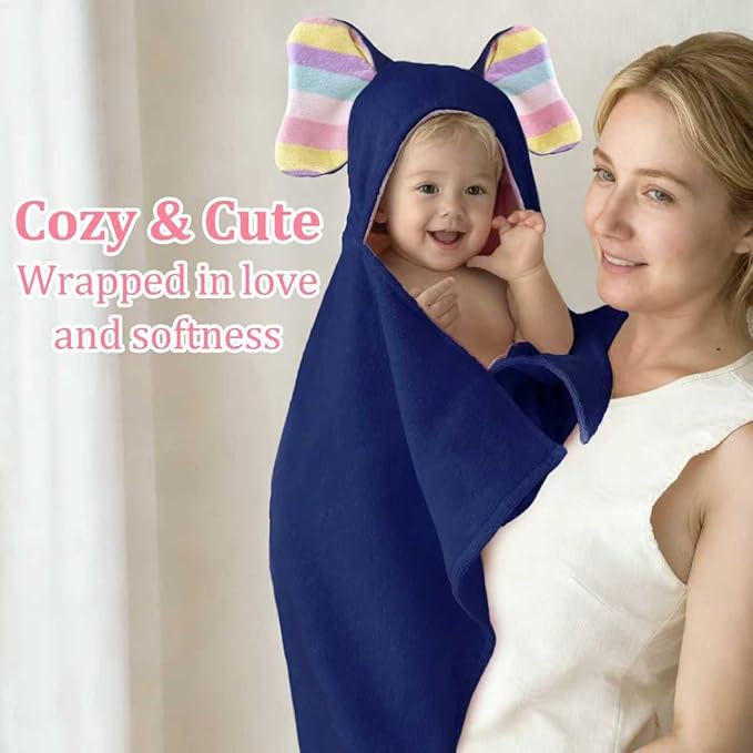 VOOVA & MOVAS Premium Navy Baby Hooded Bath Towel - 100% Cotton,500GSM, 33x31.5 Inches,0-2Years, Super Absorbent Large Towel with Cute Elephant Ears Hood for Newborn,Infant, Baby Essentials,Navy