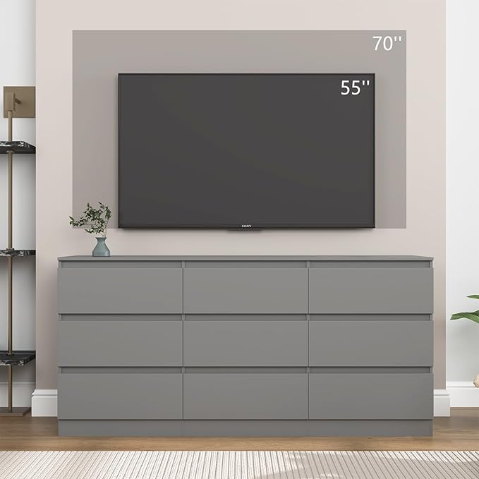 Grey 9 Drawer Dresser for Bedroom,Modern Long Dresser with Deep Drawers,Wide Storage Chest of Drawer,Wood Bedroom Storage Organizer Drawers forBedroom