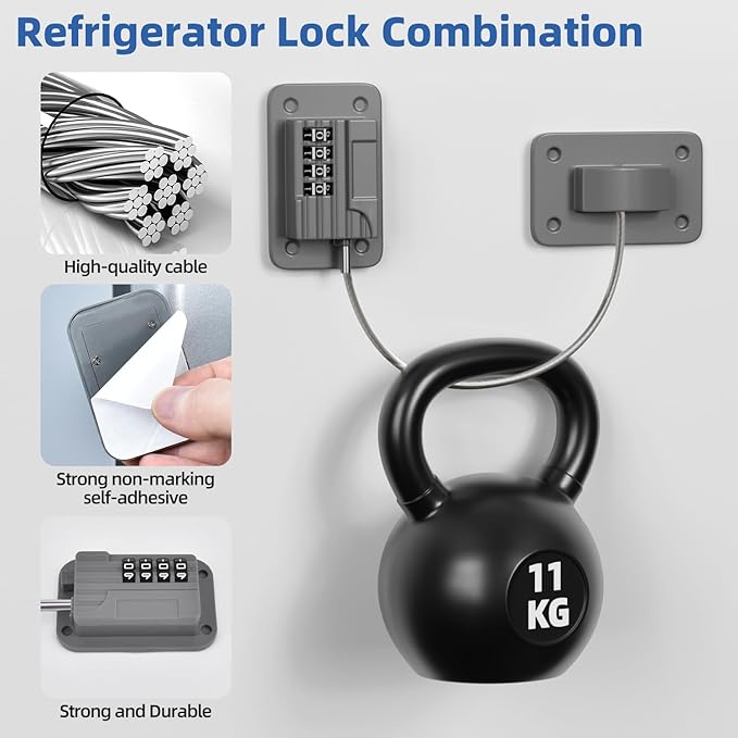 Refrigerator Lock, Heavy Duty Fridge Locks for Kids, Freezer Lock with Combination for Refrigerator Drawer Cabinet Safety, Easy to Install No Keys Needed Grey