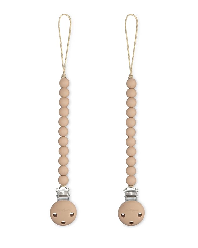 Comfy Cubs Pacifier Clips 2 Pack - 100% Food Grade Silicone Baby Pacifier Clips, BPA & PVC Free - CPSIA Certified, Lightweight and Flexible Baby Gifts - Beige