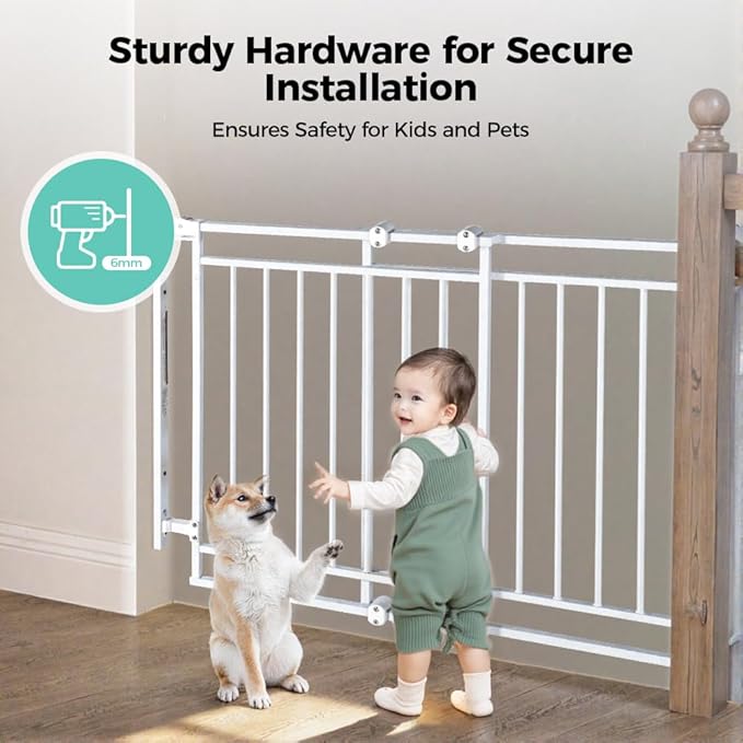 COMOMY 27.5-43" Baby Gate No Bottom Bar for Stairs and Doorways, 2-in-1 Auto Close Dog Gate Indoor for the House, Hardware Mounted Pet Gate with Large Walk Thru Door, Child Safety Gate for Dogs, White
