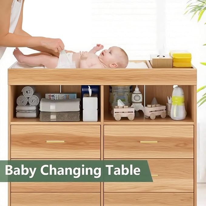 Baby Changing Table Dresser with 6 Drawers, Baby Nursery Dresser, LED Lights & Charging Station – Multifunctional Nursery Dresser with Removable Changing Top, Anti-Tip Design, Nature